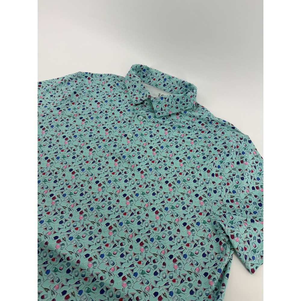 1764 Golf Mens Large Polo Shirt Teal Wine Cocktail Glass Print Performance Short